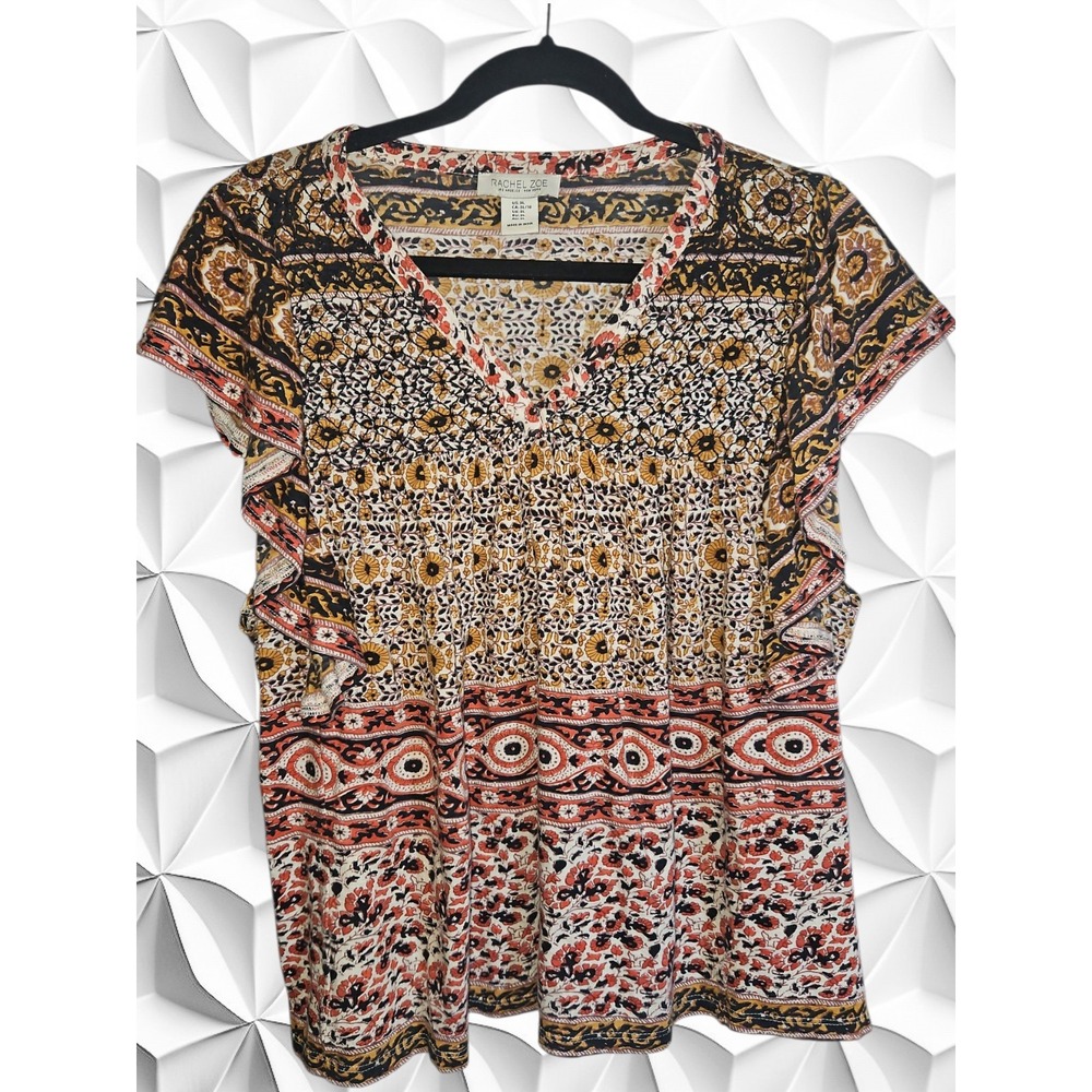 Rachel Zoe Womens XL Boho Floral Paisley V-Neck Ruffle Cap Sleeve Blouse Top